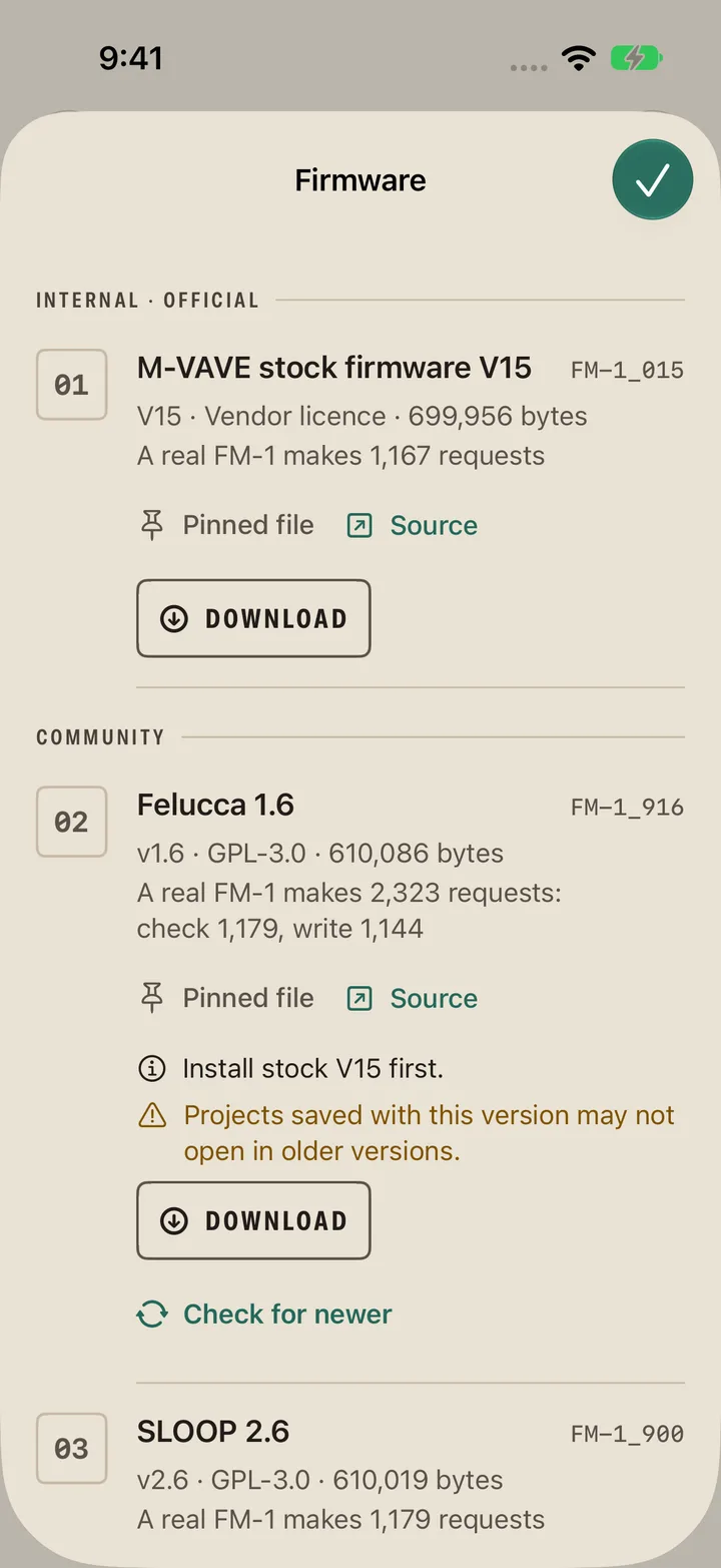 The firmware catalog as memory-bank slots: M-VAVE stock V15 first, then community firmware, each with its size, licence and request count