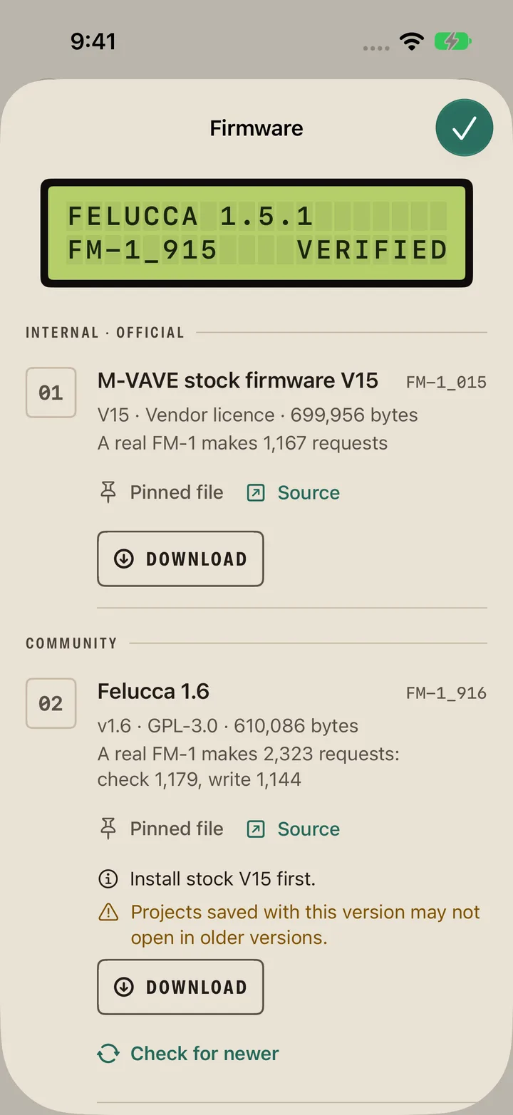 A firmware file loaded and verified against Mooring's list, with its size and the requests a real FM-1 makes