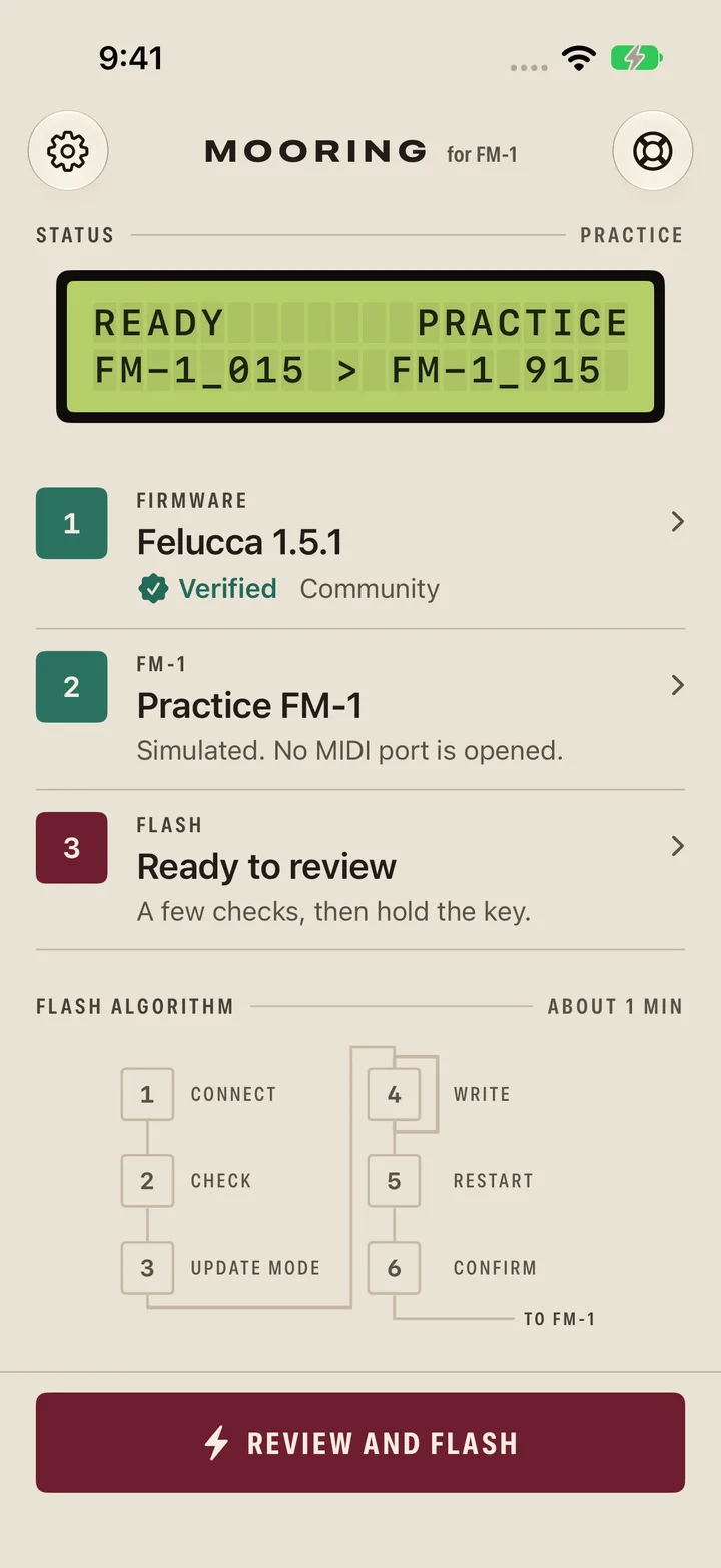 Mooring's home screen: firmware loaded, a Practice FM-1 connected, and Review and flash ready