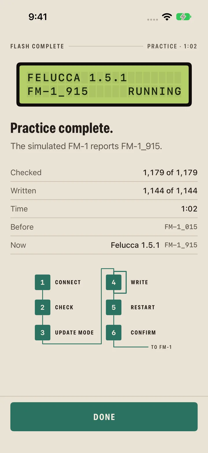 The result of a Practice run: blocks checked and written, the time taken, and the firmware before and after