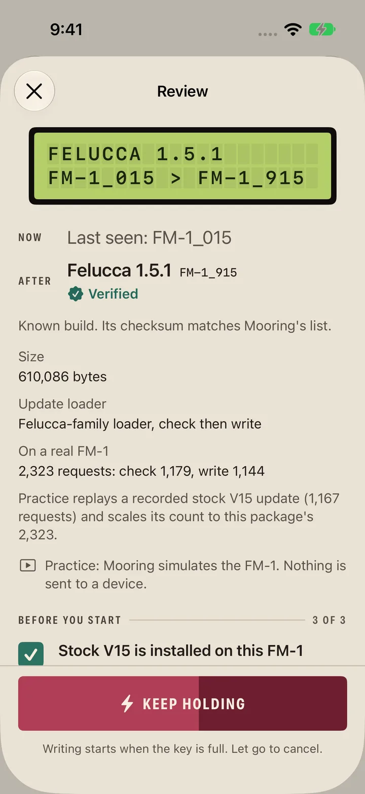 The review screen: what will change, the checks before starting, and the flash key being held for two seconds